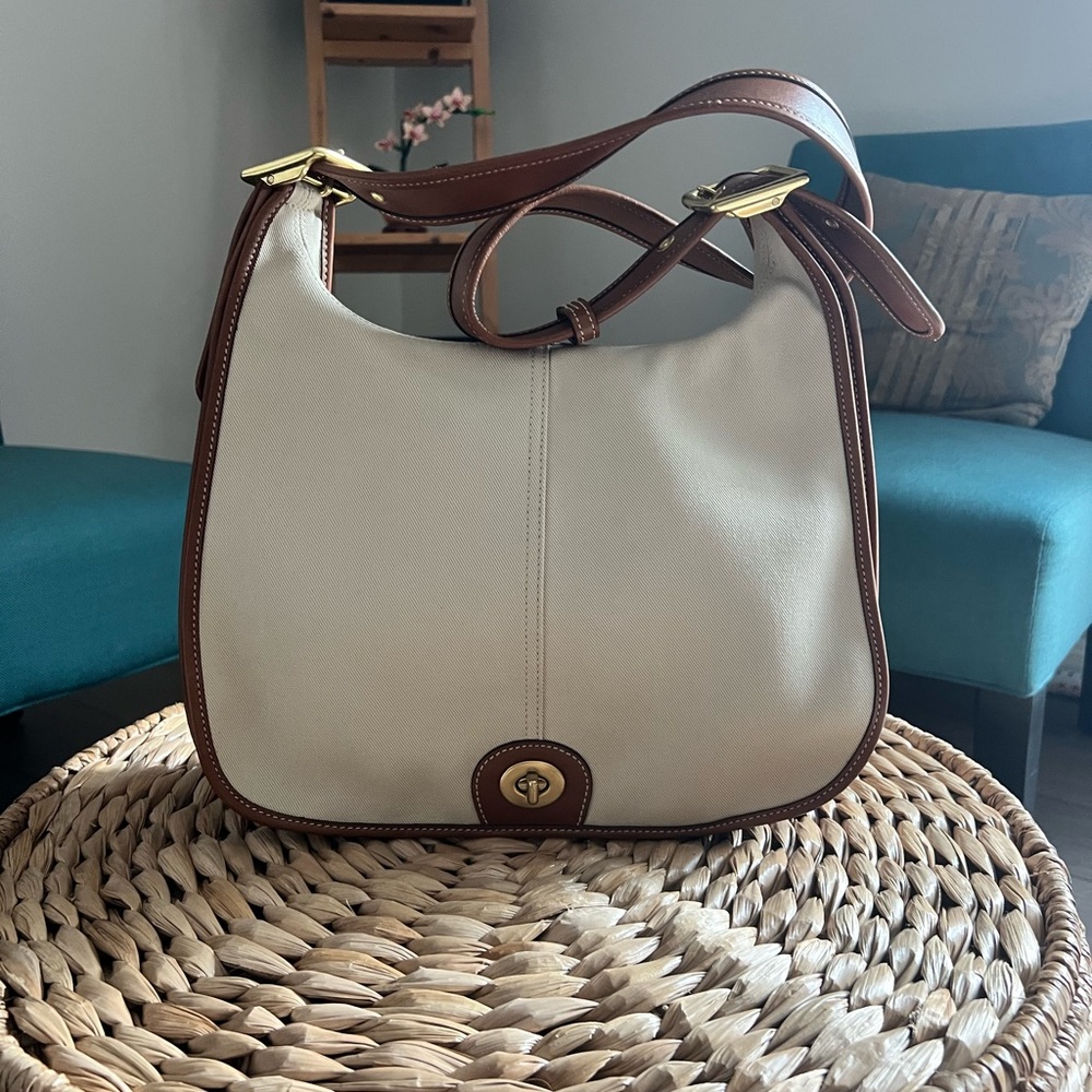Vintage Coach Legacy #9125 Canvas & Brown Leather Hobo Convertible Crossbody Bag